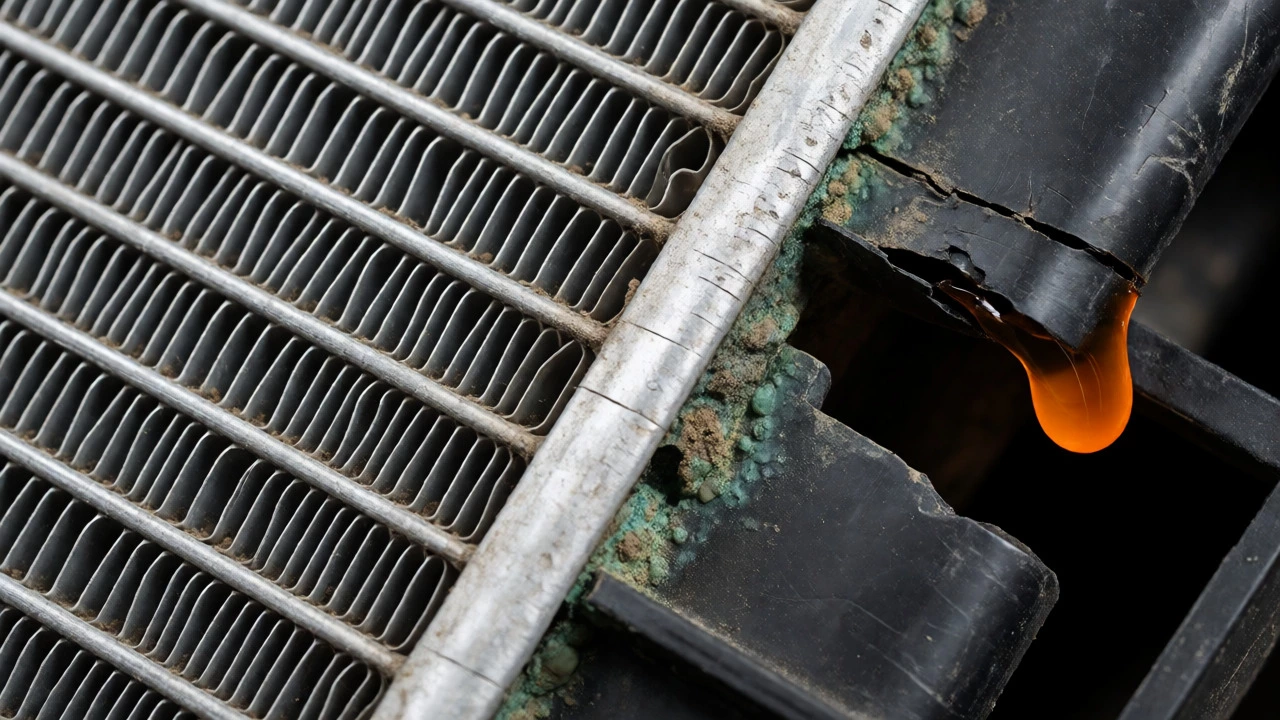 Close-up of a corroded car radiator with bent fins and leaking coolant