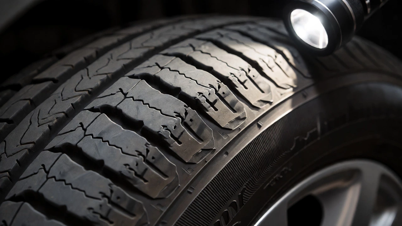 Close-up of a tire tread with cupping wear patterns indicating bad shocks.