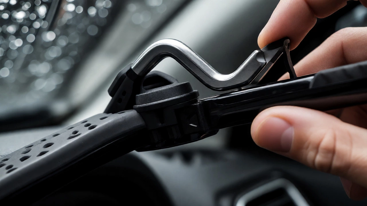 Close-up of attaching a new beam wiper blade to a J-hook arm.