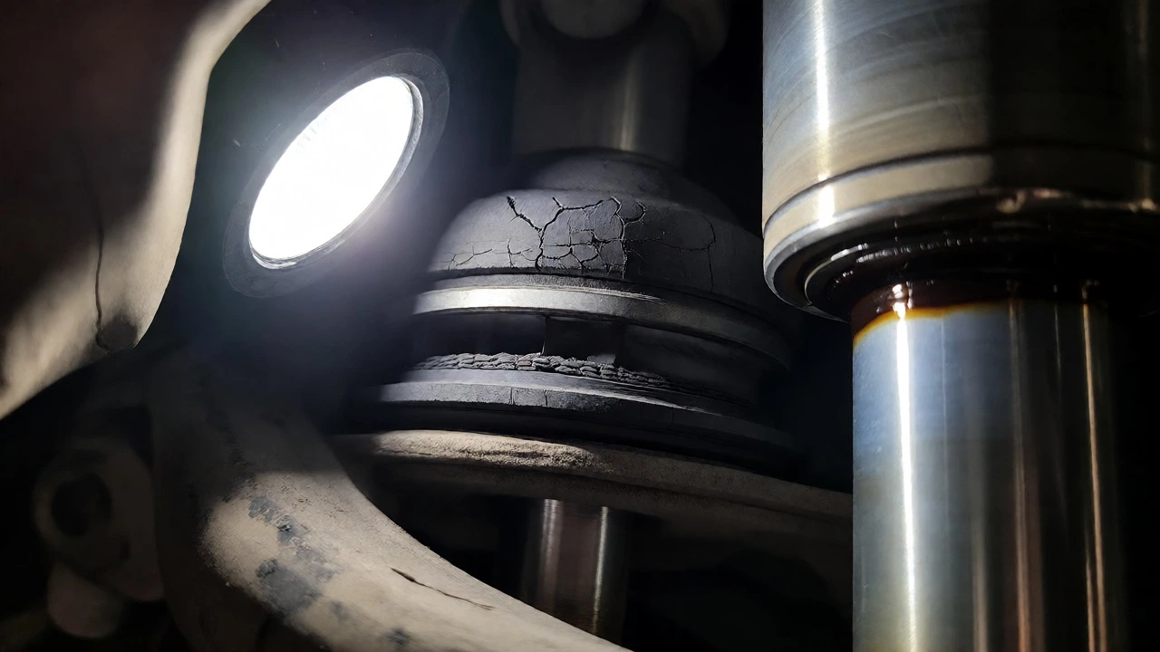 Close-up of cracked control arm bushings and oily shock absorber seals.