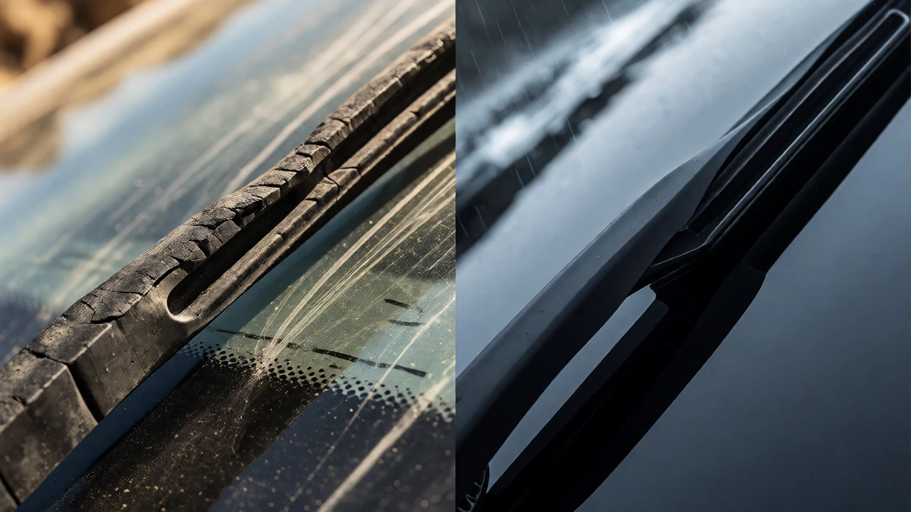 Comparison of worn rubber vs new silicone wiper blades on glass