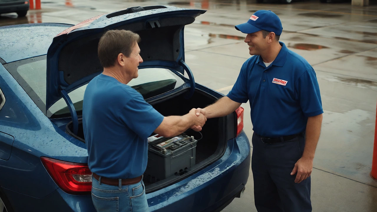 Customer thanking staff after battery installation in rain