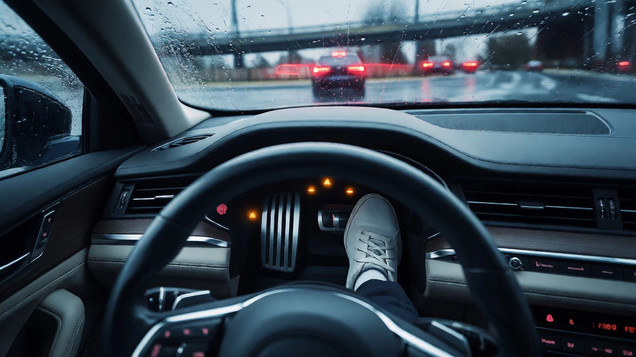 Driver braking on wet road with dashboard warning light illuminated