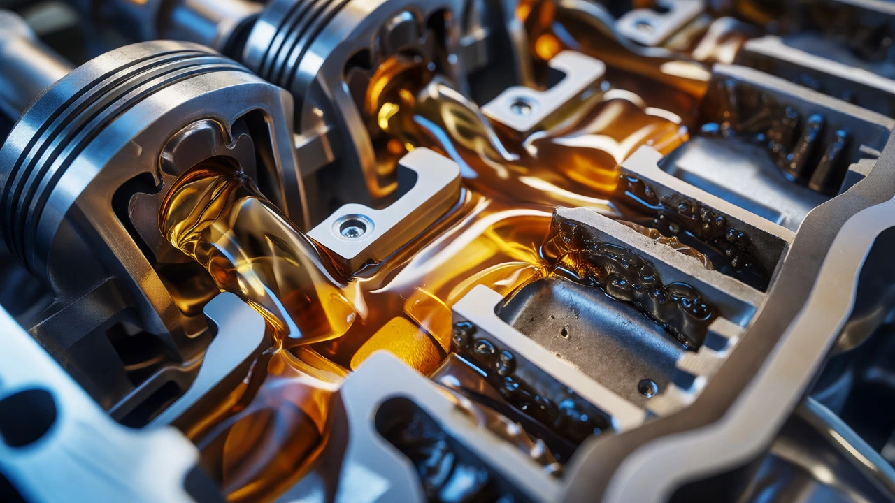 Golden engine oil flowing through clean engine components vs sludge.
