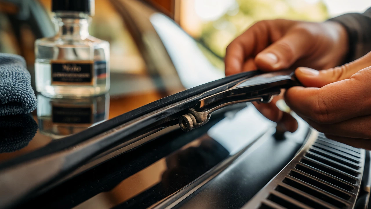 Hands installing a silicone wiper blade with cleaning supplies nearby