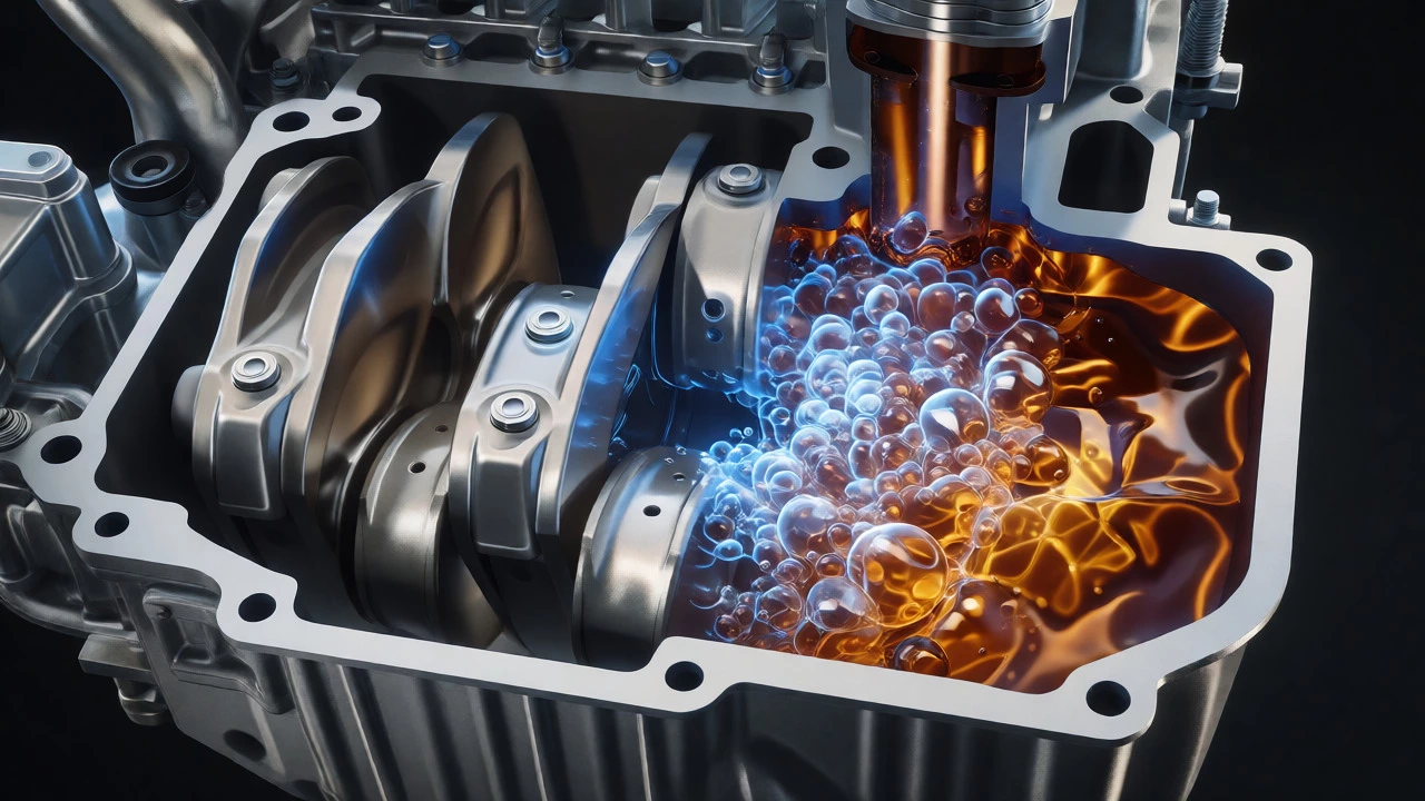 Illustration of a crankshaft churning excess oil into foam inside an engine sump.