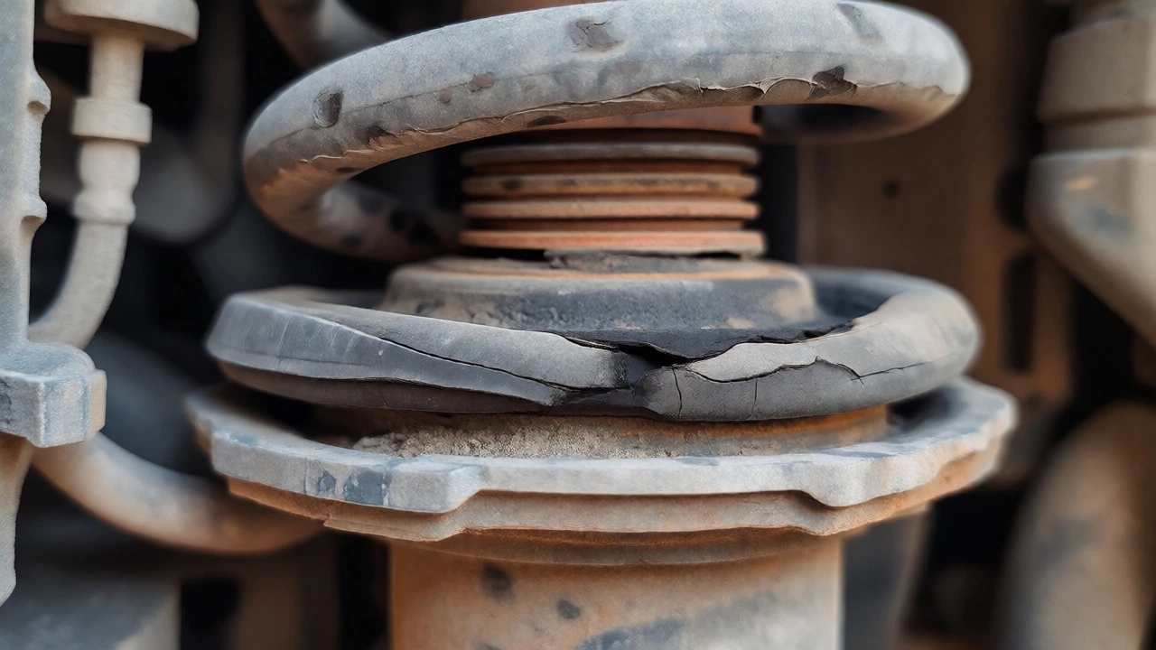 Macro view of a dry, cracked rubber shock absorber mount and spring seat.