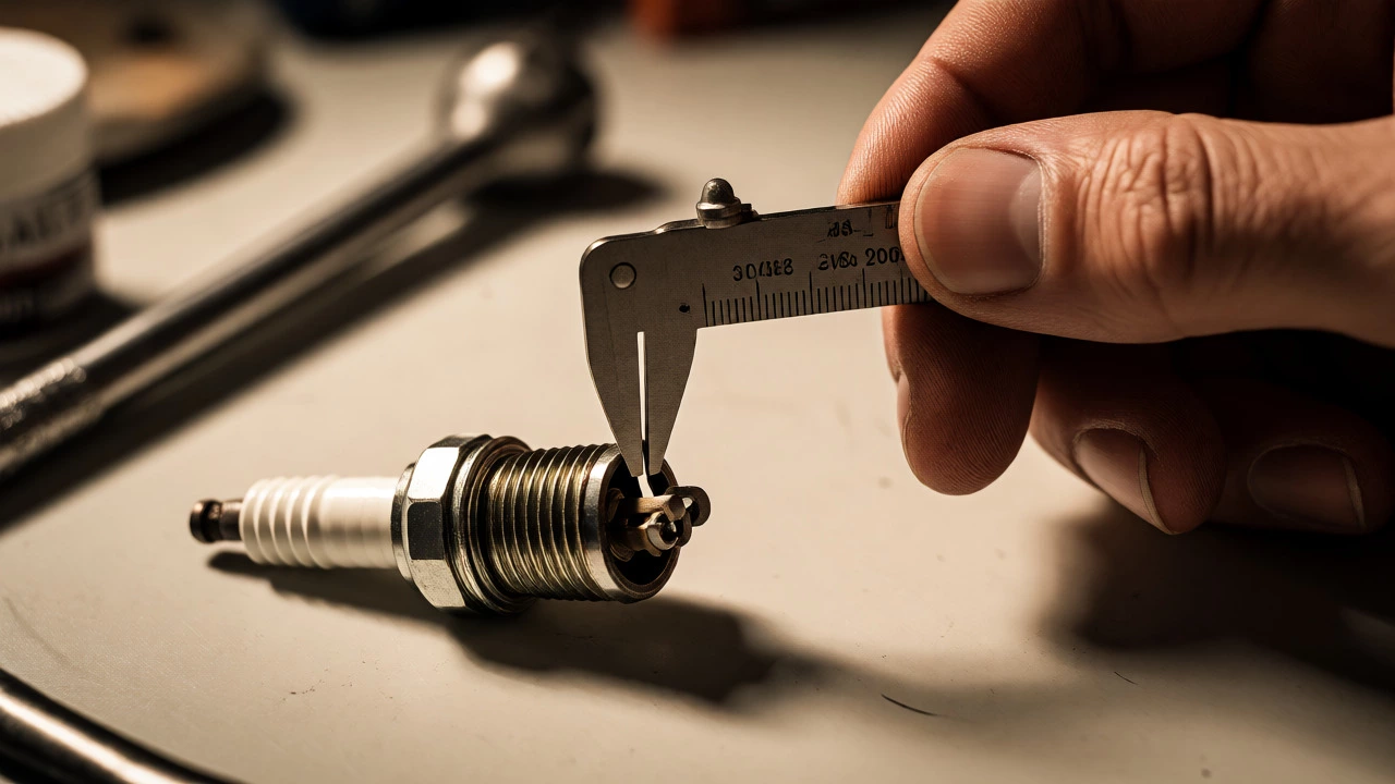 Measuring spark plug electrode gap with a feeler gauge tool