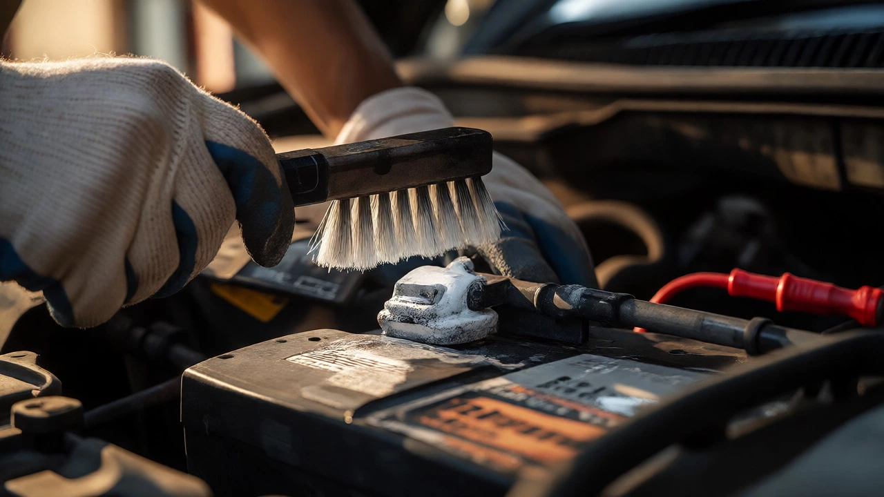 Mechanic cleaning corrosion from car battery terminals
