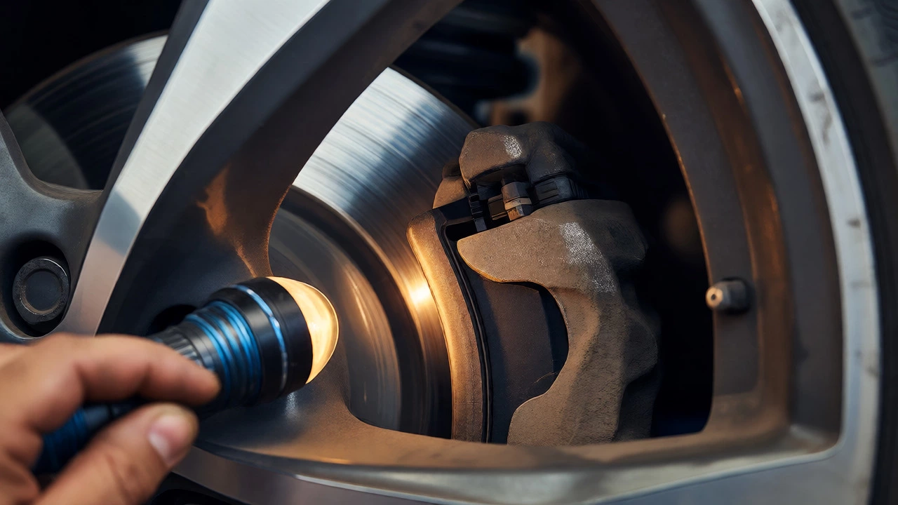 Mechanic inspecting front brake pad thickness with flashlight