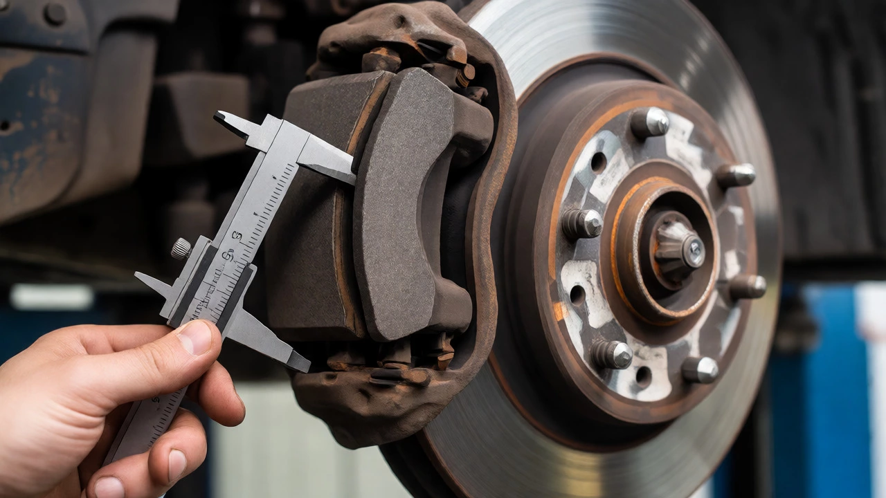 Mechanic inspecting thin brake pad thickness next to new replacement pads