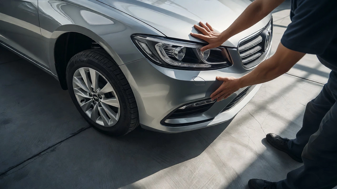 Mechanic pressing down on a car bumper to perform a suspension bounce test.