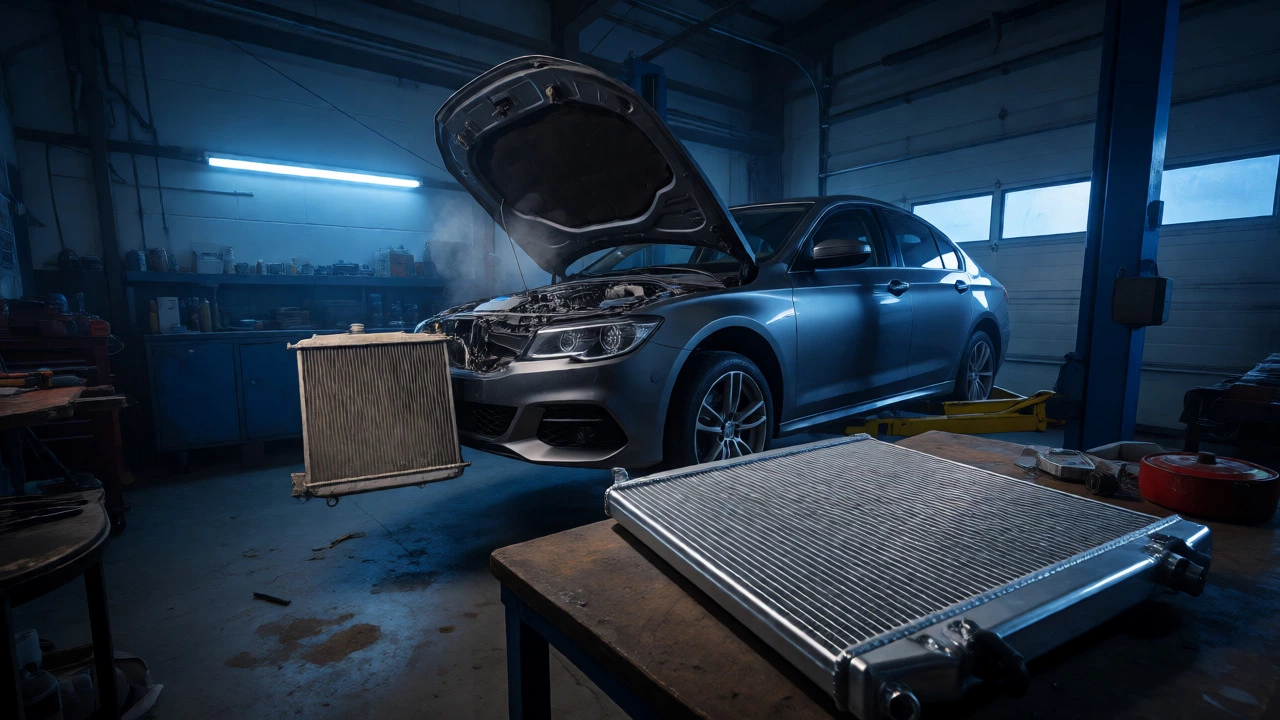 Mechanic replacing a car radiator in a well-lit garage workshop