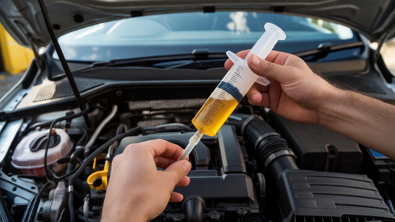 Mechanic using a syringe and tube to remove excess oil via the dipstick tube.