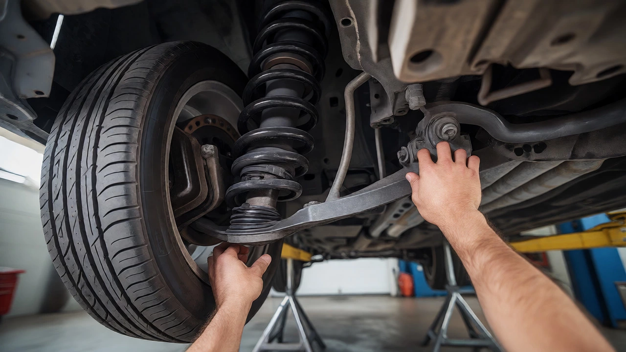 Mechanic wiggling a car tire to check for tie rod end and ball joint wear.