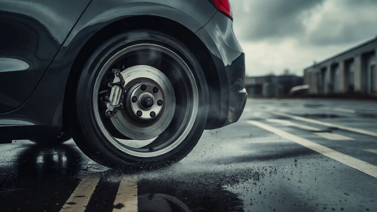 Rear wheel braking on wet road showing water spray