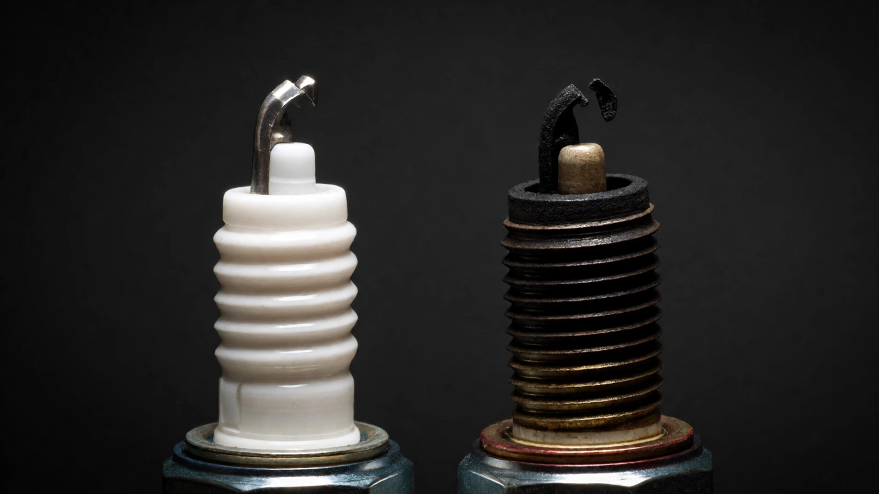 Side-by-side comparison of new and worn spark plugs showing soot