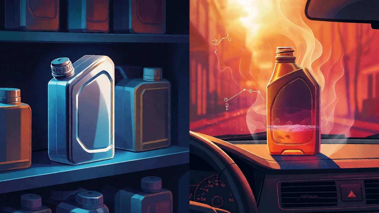 Split view showing stable stored oil vs degraded oil in heat.