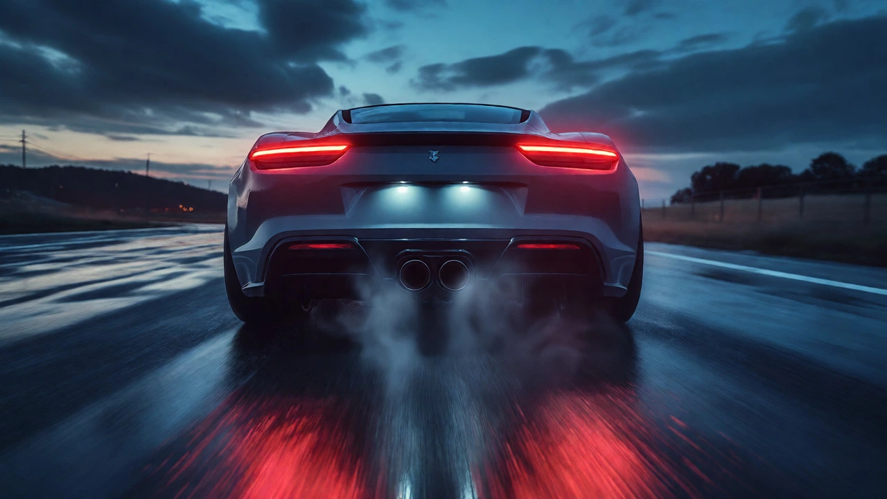 Sports car accelerating on wet road with glowing taillights
