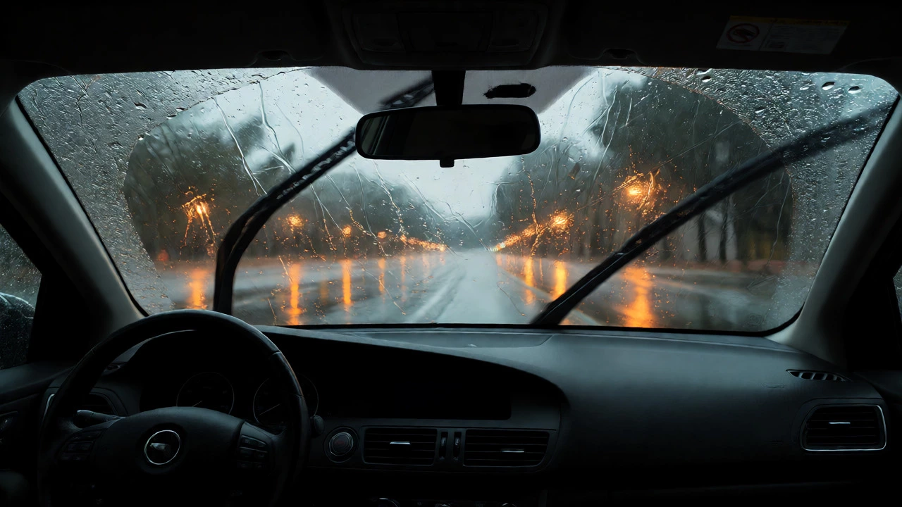 View from inside a car showing wipers clearing rain from the windshield.